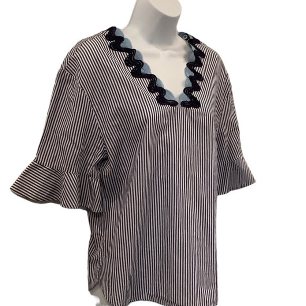 Sandro Navy and White Pinstripe Ruffle Sleeve Blouse SIZE L